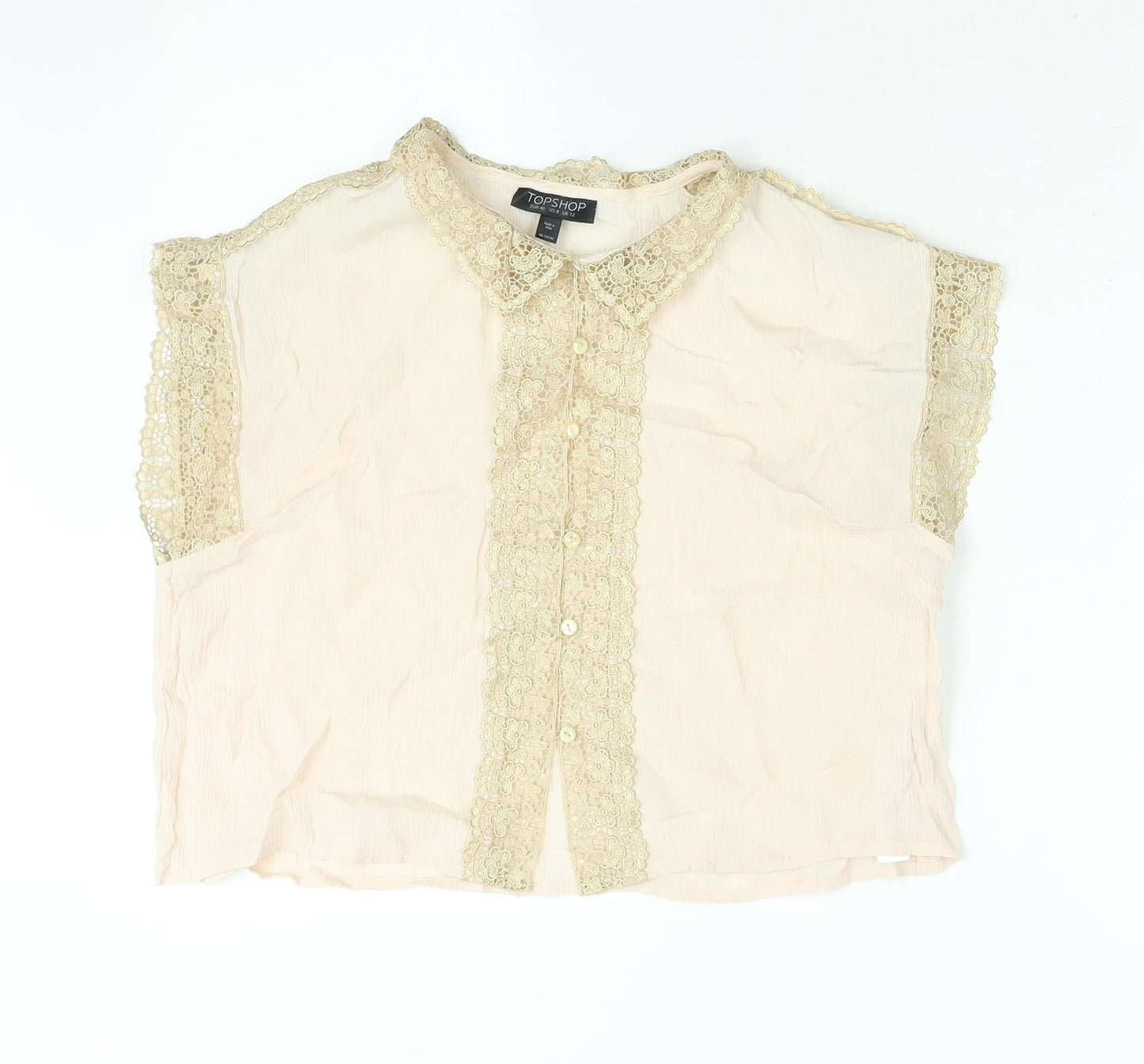 Topshop Womens Pink Viscose Cropped Blouse Size 12 Collared - Gold Lace Trim
