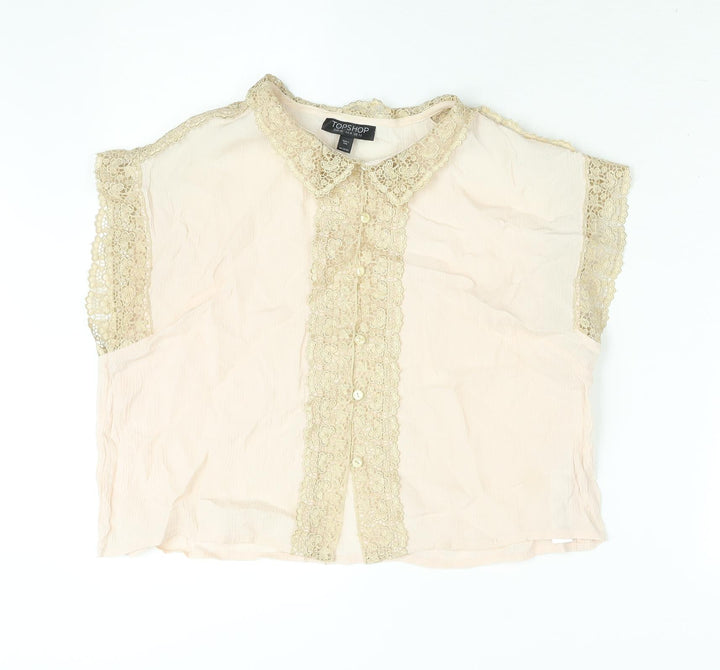 Topshop Womens Pink Viscose Cropped Blouse Size 12 Collared - Gold Lace Trim