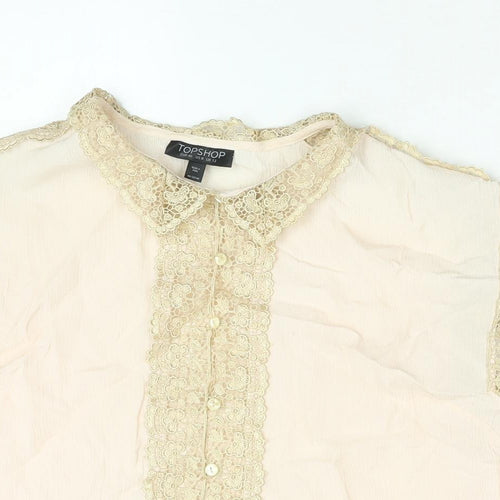 Topshop Womens Pink Viscose Cropped Blouse Size 12 Collared - Gold Lace Trim