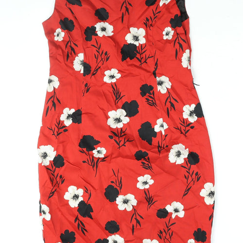 Solo Womens Red Floral Cotton Shift Size 12 Boat Neck Zip