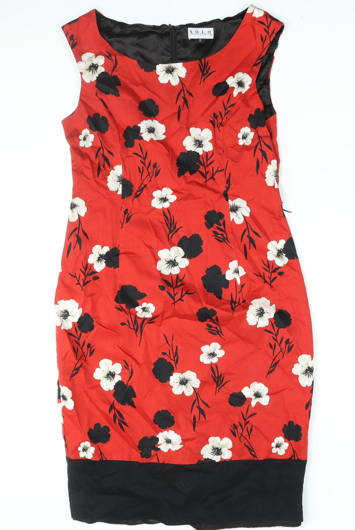 Solo Womens Red Floral Cotton Shift Size 12 Boat Neck Zip