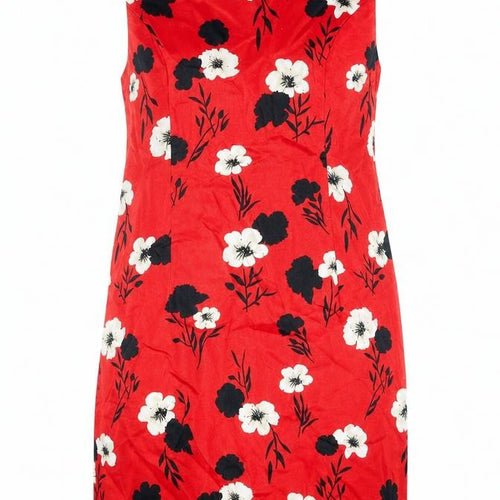 Solo Womens Red Floral Cotton Shift Size 12 Boat Neck Zip