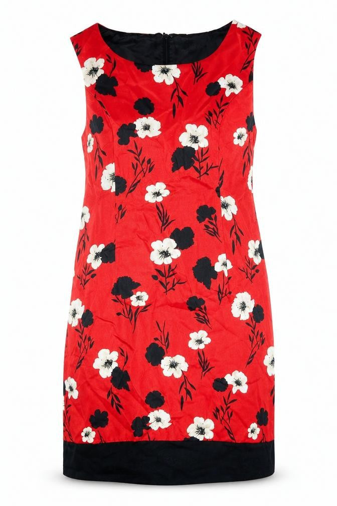 Solo Womens Red Floral Cotton Shift Size 12 Boat Neck Zip