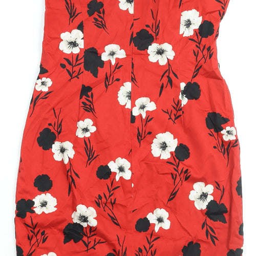 Solo Womens Red Floral Cotton Shift Size 12 Boat Neck Zip
