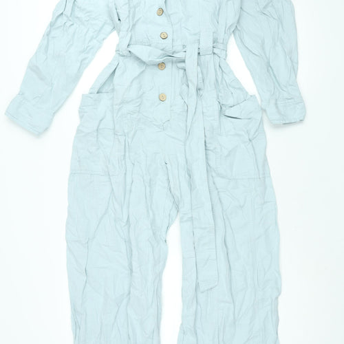 Zara Womens Blue Linen Coverall One-Piece Size M L30 in Button - Belted