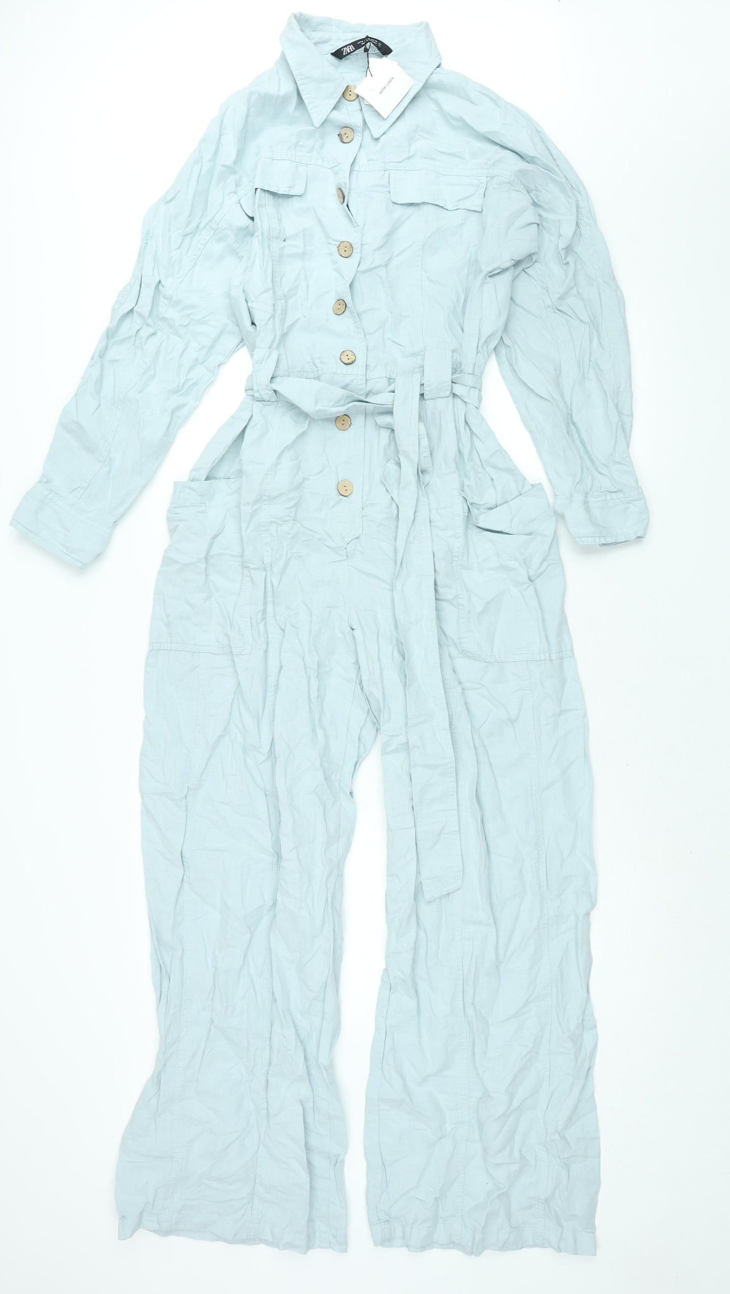 Zara Womens Blue Linen Coverall One-Piece Size M L30 in Button - Belted