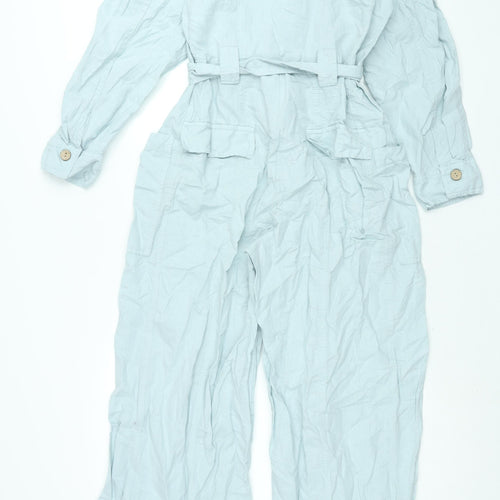 Zara Womens Blue Linen Coverall One-Piece Size M L30 in Button - Belted