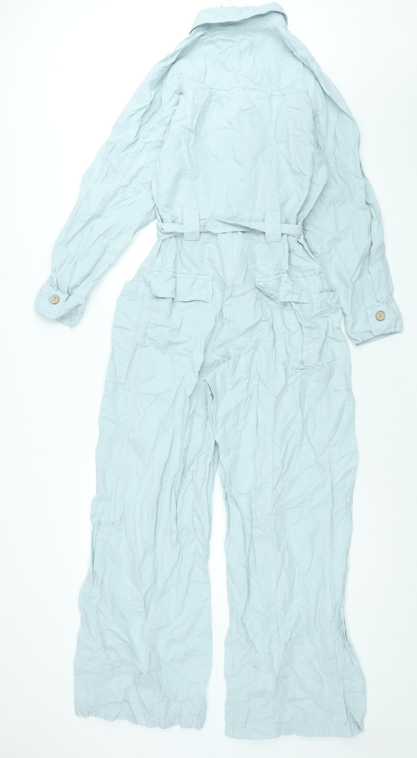 Zara Womens Blue Linen Coverall One-Piece Size M L30 in Button - Belted