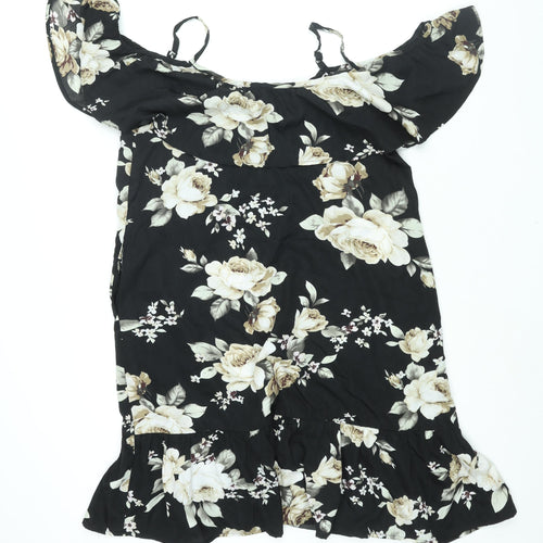 Sunnyme Womens Black Floral Polyester Shift Size L Scoop Neck Pullover - Frill Cold Shoulder