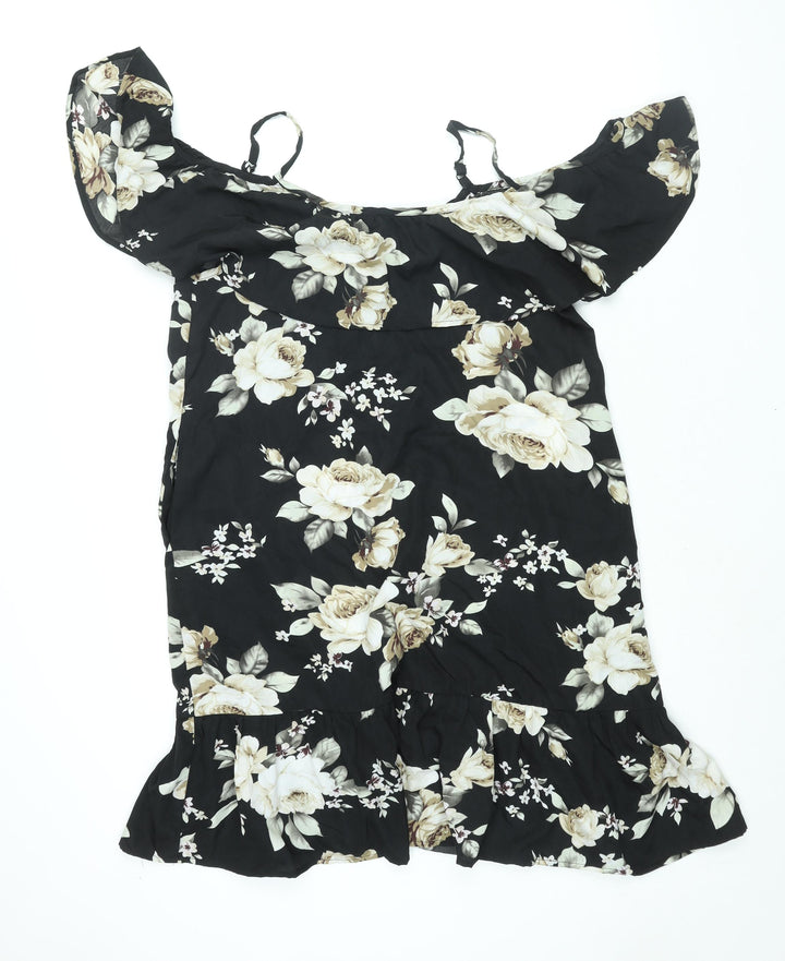 Sunnyme Womens Black Floral Polyester Shift Size L Scoop Neck Pullover - Frill Cold Shoulder