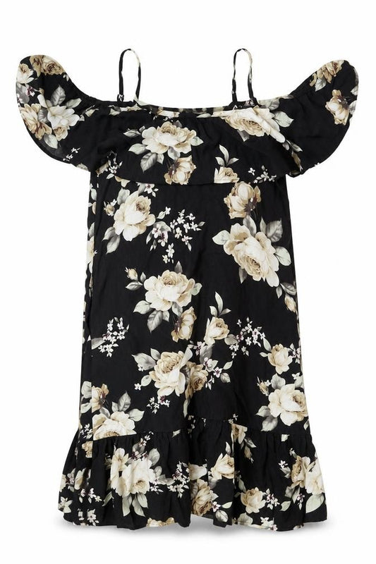 Front view of Sunnyme women’s black floral polyester shift, size L, scoop neck pullover - frill cold shoulder