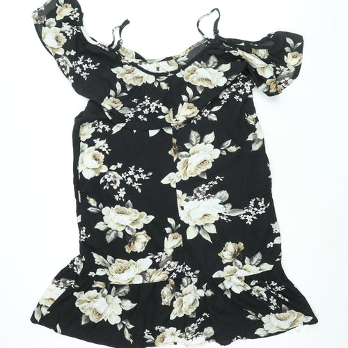 Sunnyme Womens Black Floral Polyester Shift Size L Scoop Neck Pullover - Frill Cold Shoulder
