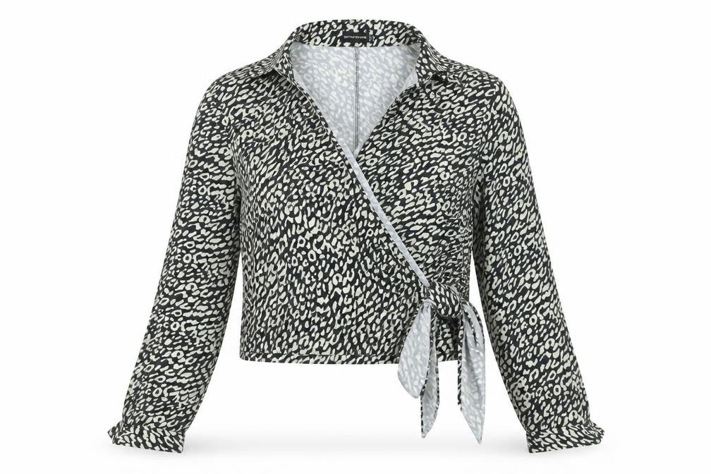 Front view of PRETTYLITTLETHING women’s black animal print polyester wrap blouse, size UK 12, collared - tie leopard print