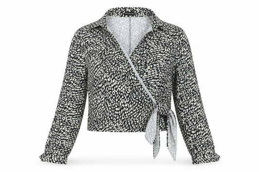 Front view of PRETTYLITTLETHING women’s black animal print polyester wrap blouse, size UK 12, collared - tie leopard print