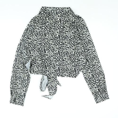 PRETTYLITTLETHING Womens Black Animal Print Polyester Wrap Blouse Size 12 Collared - Tie Leopard Print