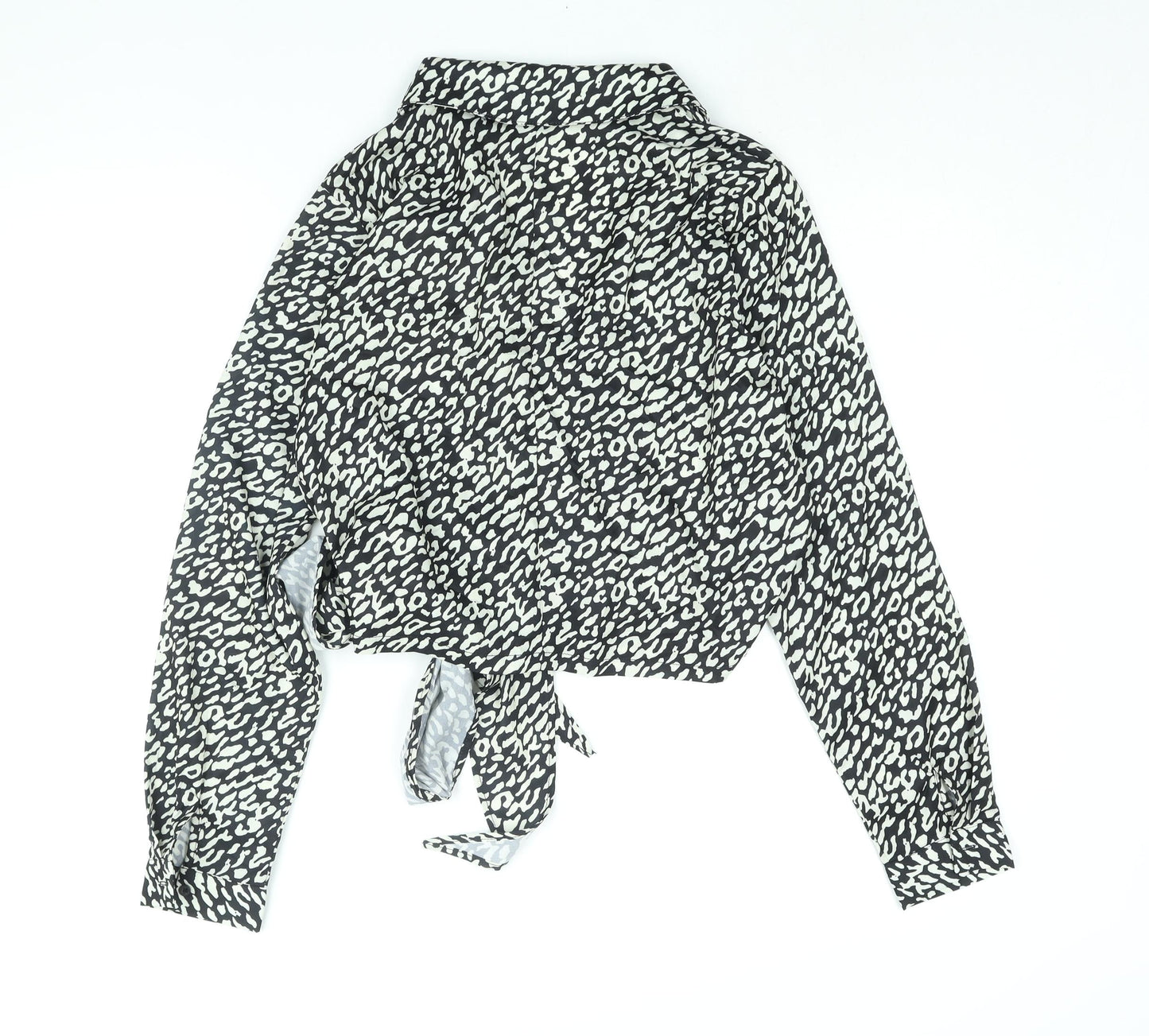 PRETTYLITTLETHING Womens Black Animal Print Polyester Wrap Blouse Size 12 Collared - Tie Leopard Print