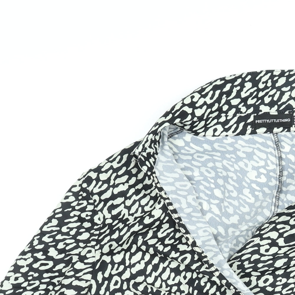 PRETTYLITTLETHING Womens Black Animal Print Polyester Wrap Blouse Size 12 Collared - Tie Leopard Print
