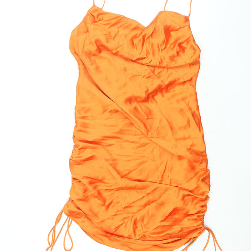 Zara Womens Orange Polyester Slip Dress Size L Cowl Neck Pullover - Drawstring Detail