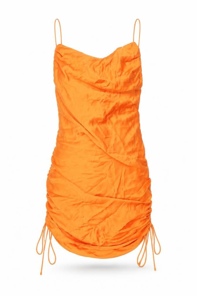 Front view of Zara women’s orange polyester slip dress, size L, cowl neck pullover - drawstring detail