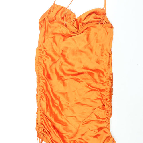 Zara Womens Orange Polyester Slip Dress Size L Cowl Neck Pullover - Drawstring Detail