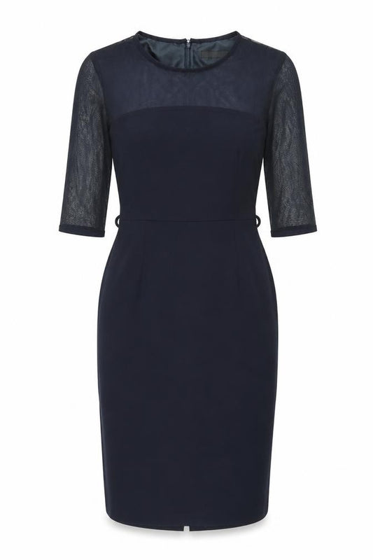 Front view of Next women’s blue polyester sheath, size UK 12, round neck zip - mesh panel