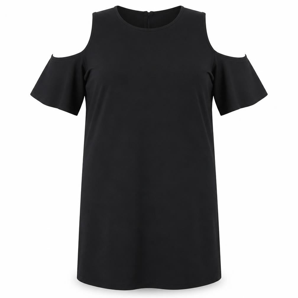 Front view of Lipsy women’s black polyester shift, size UK 16, round neck pullover - cold shoulder