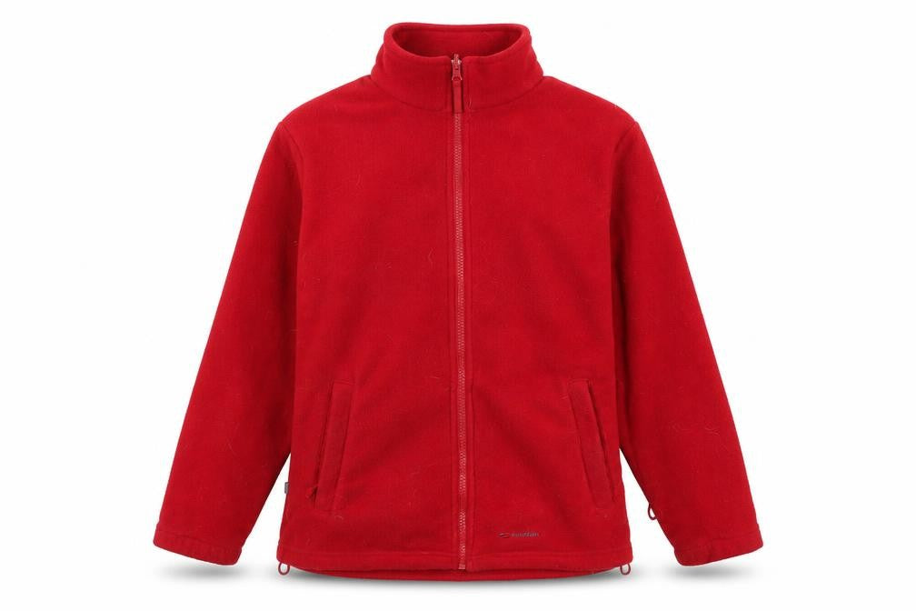 Front view of Mountain Life women’s red crew neck polyester full zip jumper, size UK 12