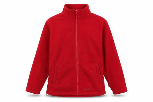 Front view of Mountain Life women’s red crew neck polyester full zip jumper, size UK 12