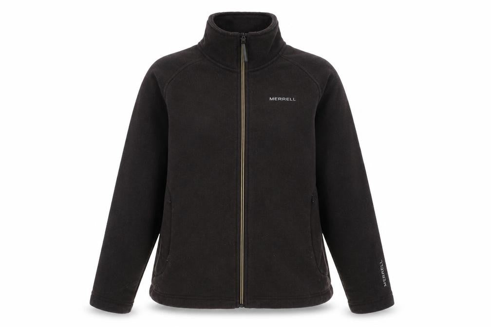 Front view of Merrell women’s brown cowl neck polyester full zip jumper, size M
