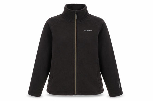 Front view of Merrell women’s brown cowl neck polyester full zip jumper, size M
