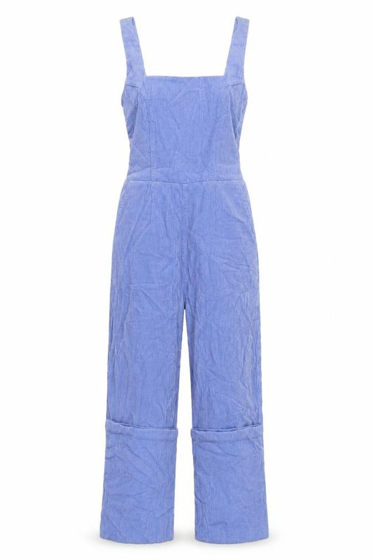Front view of ASOS women’s blue cotton dungaree one-piece, size UK 8, 29-inch leg zip