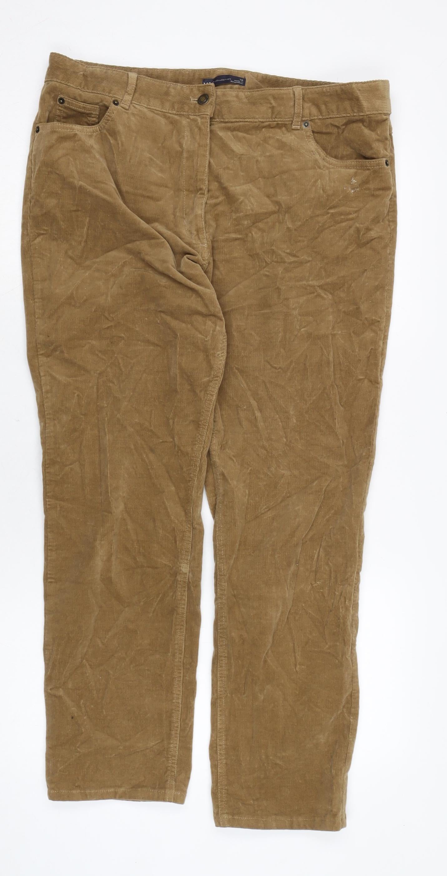 Marks and Spencer Womens Brown Cotton Trousers Size 16 L26 in Regular Zip