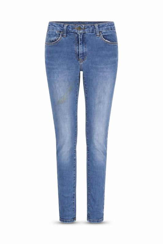 Front view of Marks & Spencer women’s blue cotton blend skinny jeans, size UK 8, 25-inch leg regular zip