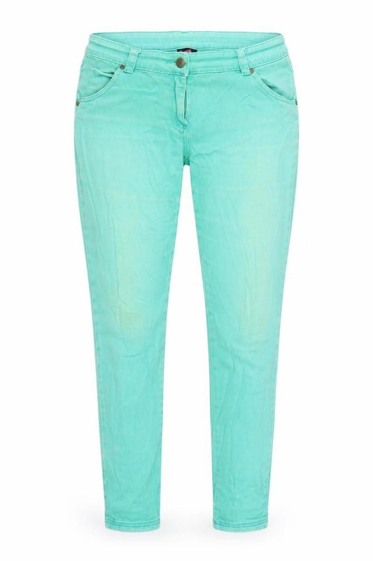Front view of TG women’s green cotton straight jeans, size UK 12, 28.5-inch leg regular zip
