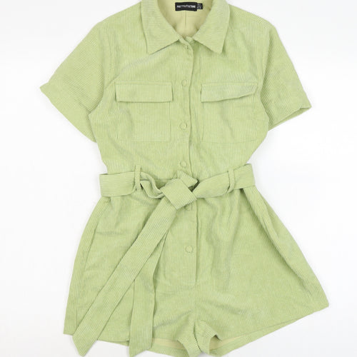 PRETTYLITTLETHING Womens Green Cotton Playsuit One-Piece Size 4 Button