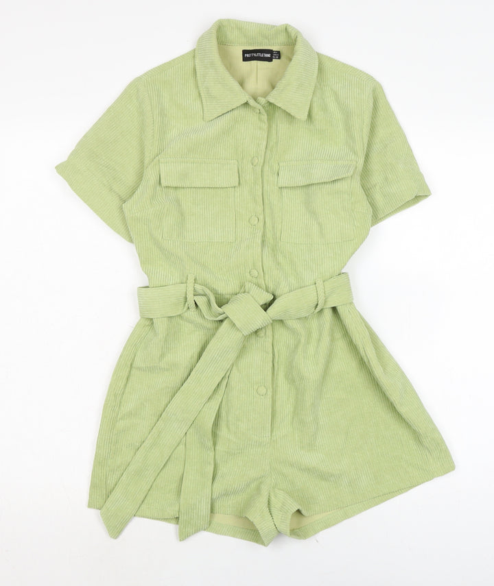 PRETTYLITTLETHING Womens Green Cotton Playsuit One-Piece Size 4 Button