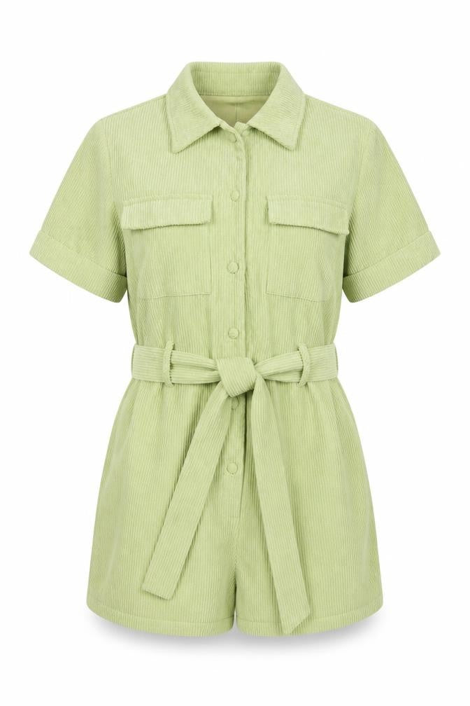 Front view of PRETTYLITTLETHING women’s green cotton playsuit one-piece, size UK 4, button