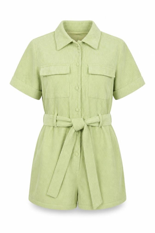 Front view of PRETTYLITTLETHING women’s green cotton playsuit one-piece, size UK 4, button