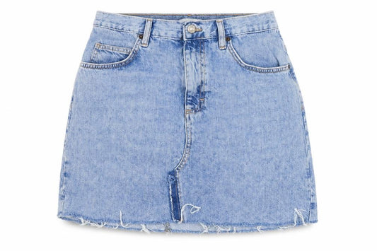 Front view of Topshop women’s blue cotton a-line skirt, size UK 12, zip