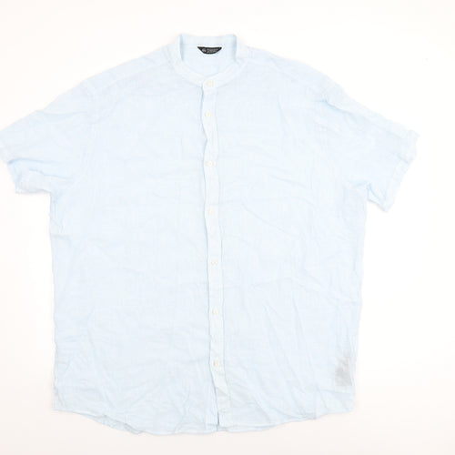 Avenue Mens Blue Striped Linen Button-Up Size 2XL Round Neck Button