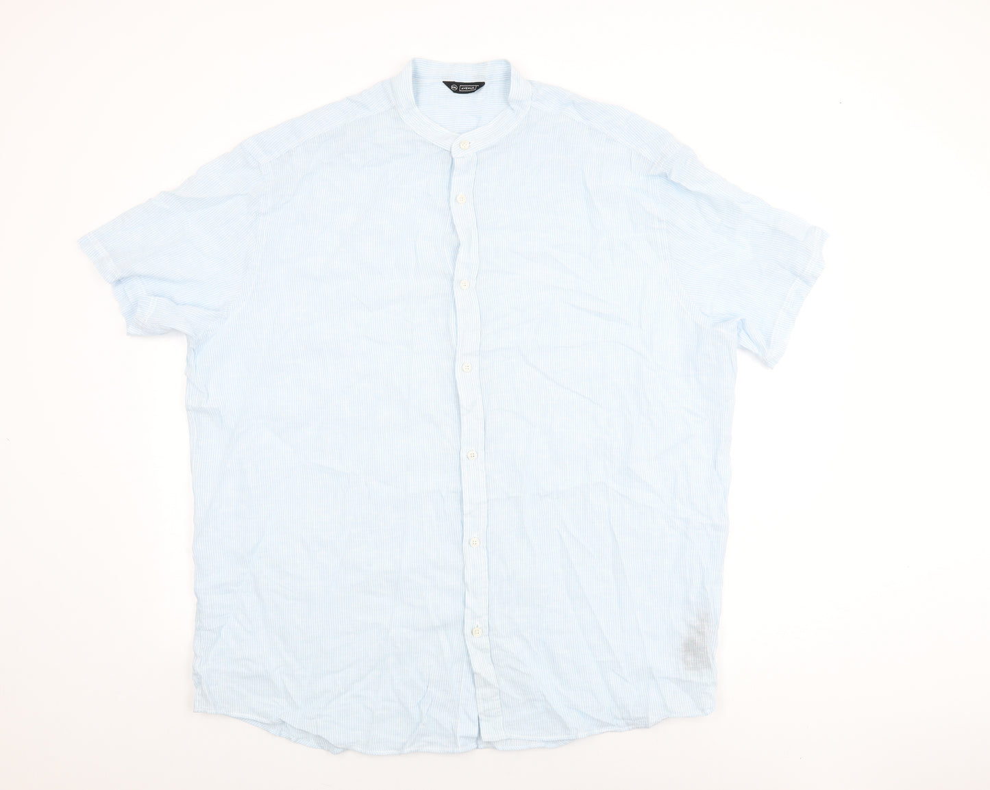 Avenue Mens Blue Striped Linen Button-Up Size 2XL Round Neck Button
