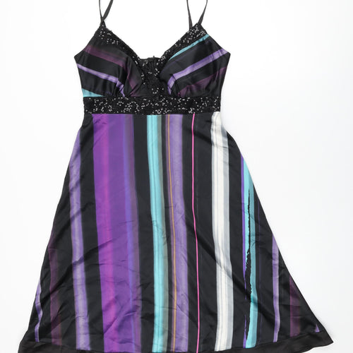 Julien Macdonald Womens Black Striped Polyester A-Line Size 10 V-Neck Zip