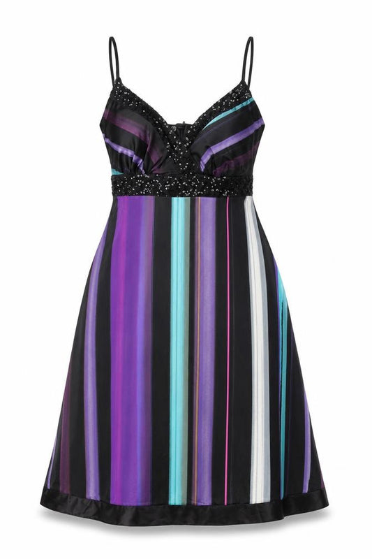 Front view of Julien Macdonald women’s black striped polyester a-line, size UK 10, v-neck zip