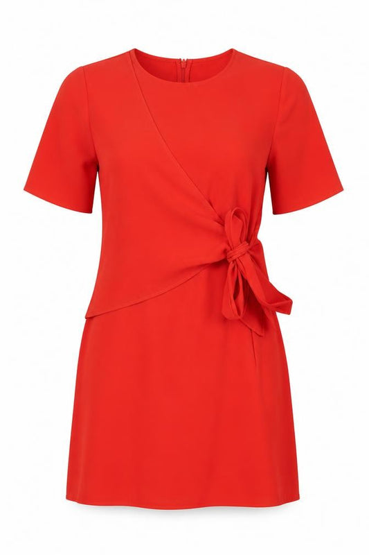 Front view of Warehouse women’s red polyester shift, size UK 10, round neck zip