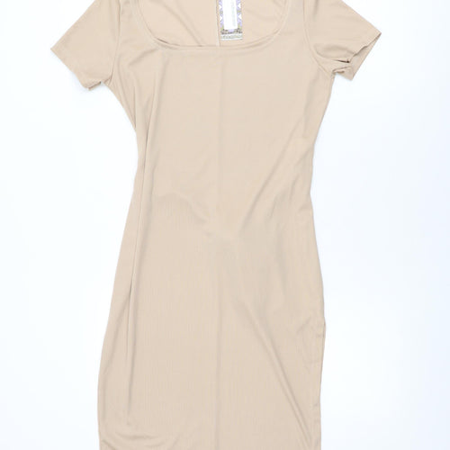 Boohoo Womens Beige Polyester Bodycon Size 14 Square Neck Tie