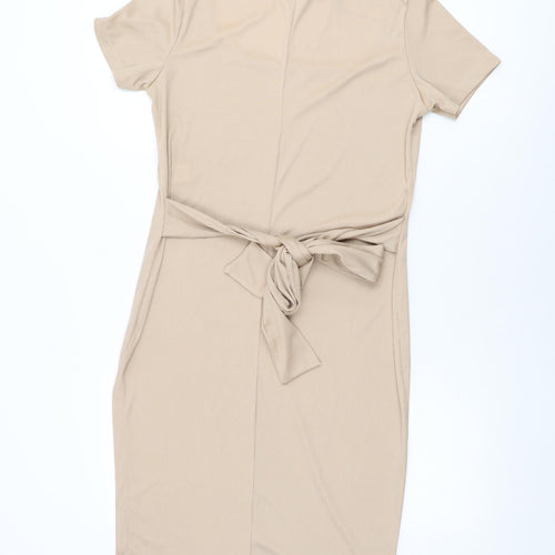 Boohoo Womens Beige Polyester Bodycon Size 14 Square Neck Tie