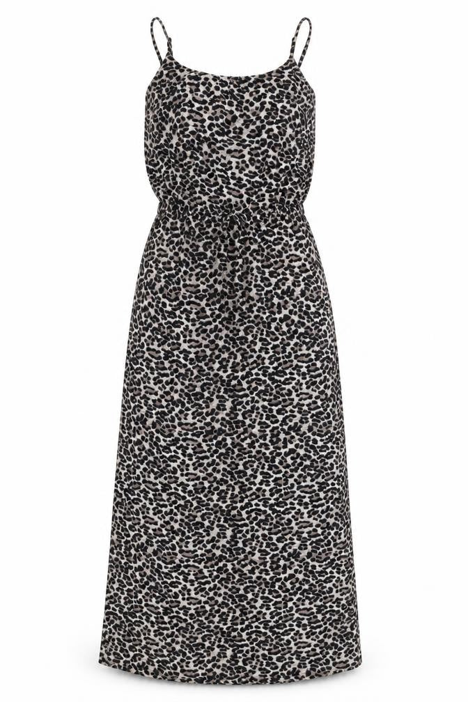 Front view of Only women’s beige animal print polyester maxi, size UK 6, round neck pullover