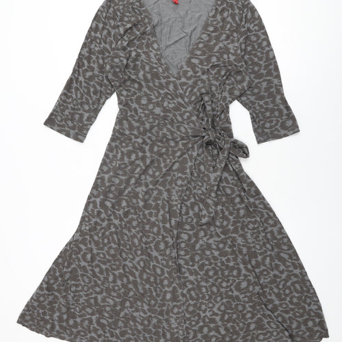 ELLE Womens Grey Animal Print Viscose Wrap Dress Size 16 V-Neck Tie