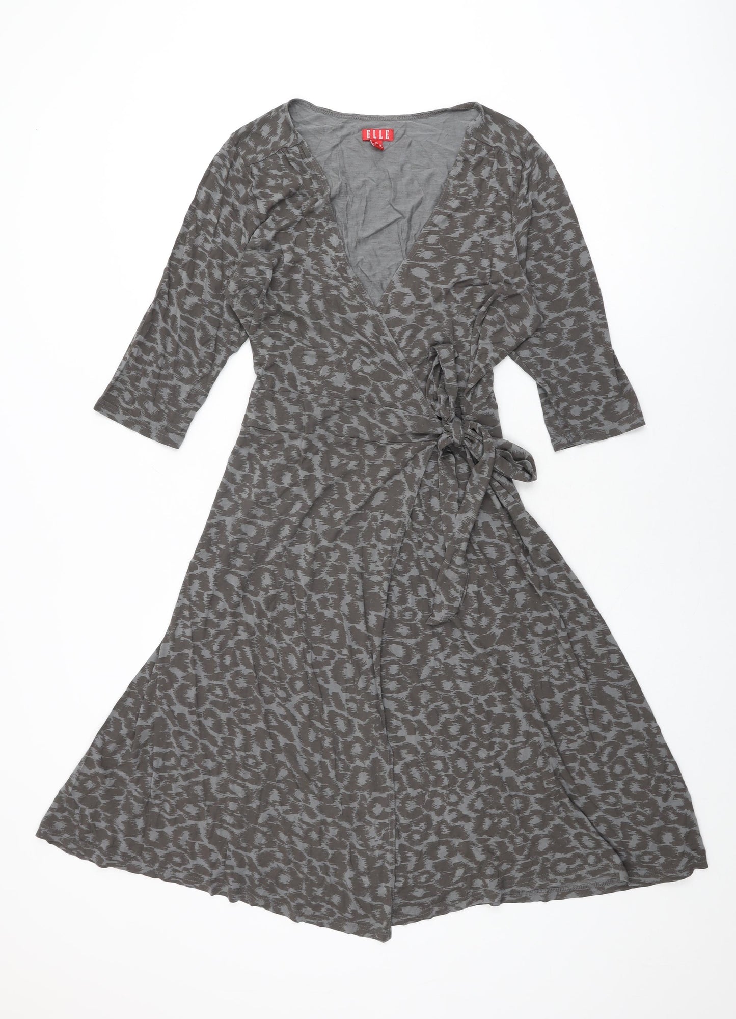 ELLE Womens Grey Animal Print Viscose Wrap Dress Size 16 V-Neck Tie
