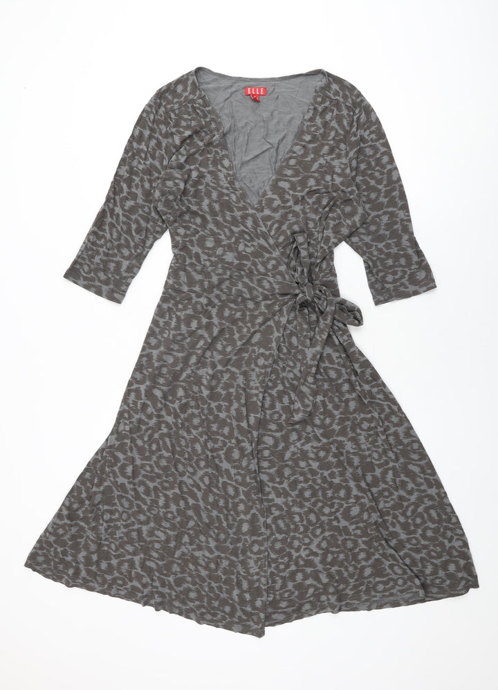 ELLE Womens Grey Animal Print Viscose Wrap Dress Size 16 V-Neck Tie
